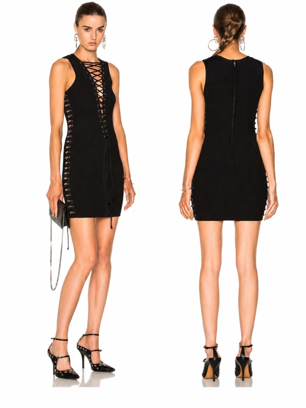 David Koma Black Lace-Up Ribbed Bodycon Dress